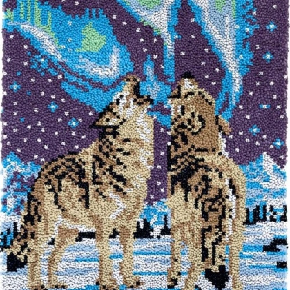Rug Making Latch Hooking Kit | Wolves Howling at Aurora (52x38cm print canvas)